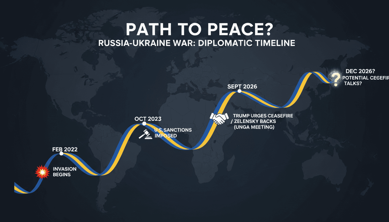 A graphic depicting Trump and Zelensky discussing the Ukraine war at the UN General Assembly.