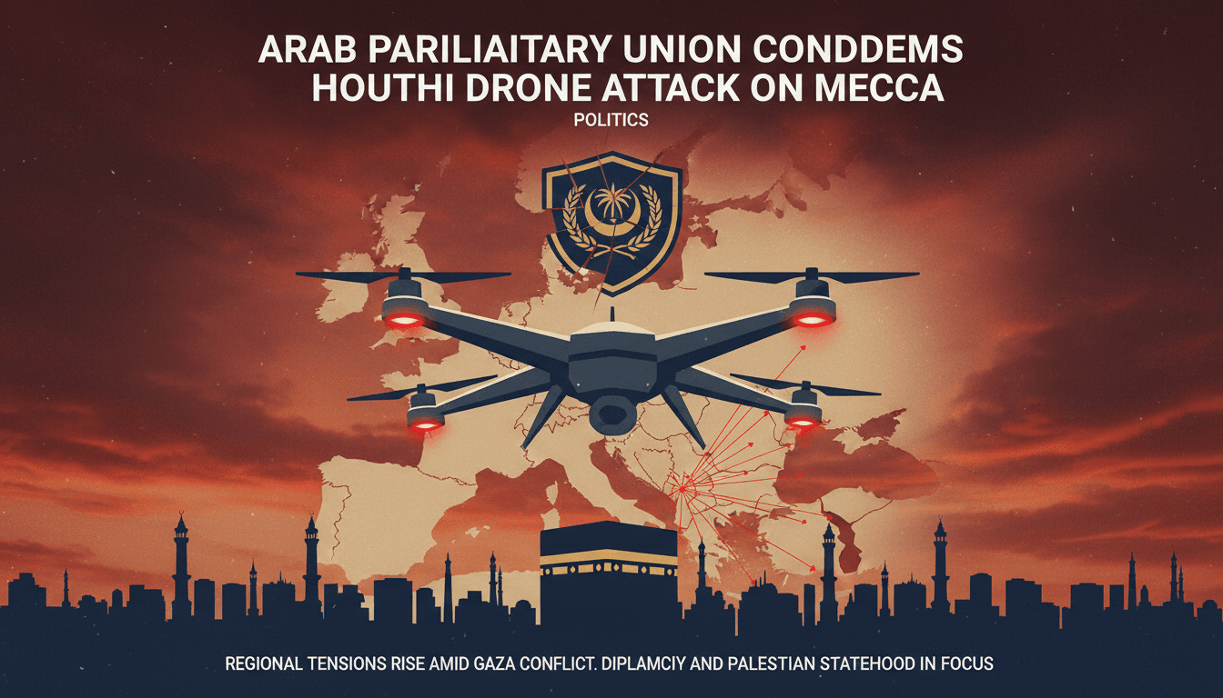 A graphic depicting the Houthi drone attack on Mecca and its regional implications.