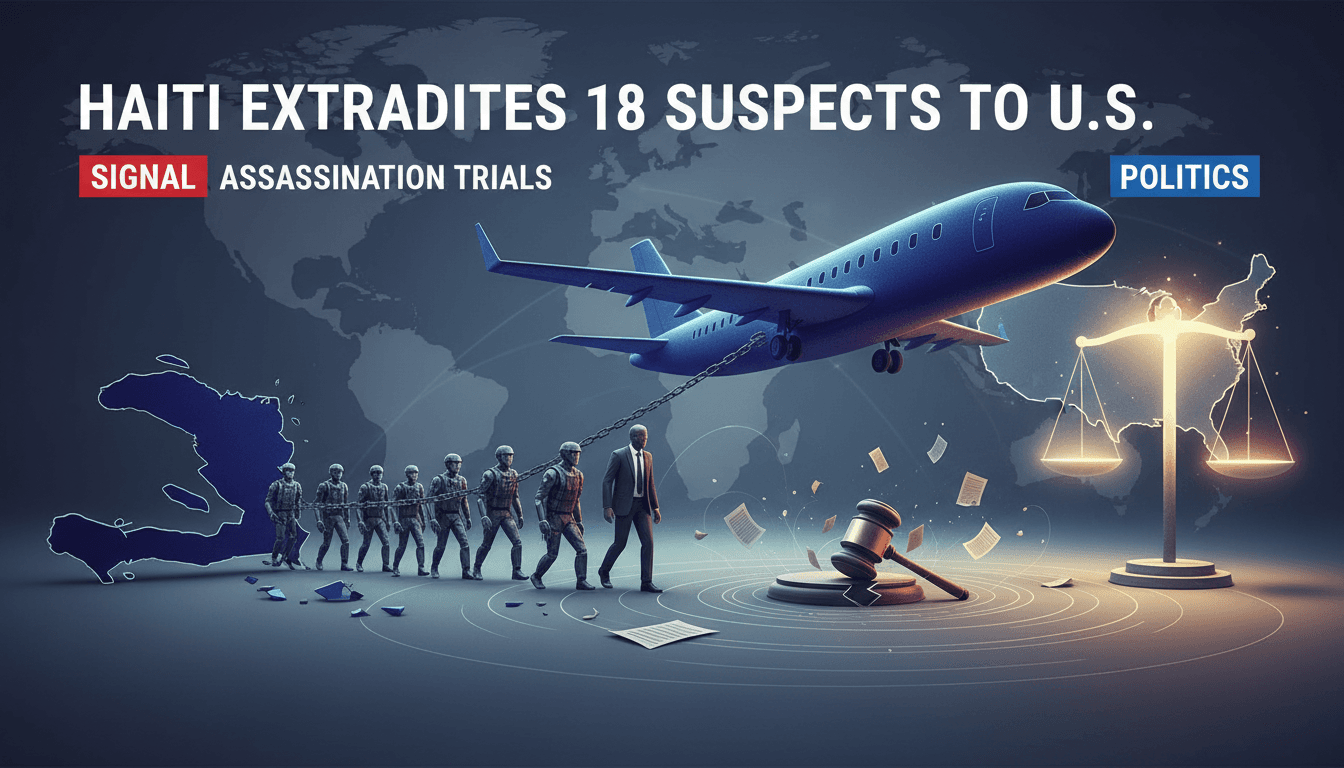 A graphic depicting the extradition of suspects from Haiti to the U.S. for trial, highlighting international justice efforts.