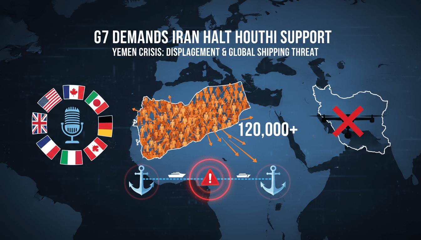 Infographic illustrating the impact of the G7's call on Iran regarding Houthi arms support in Yemen.
