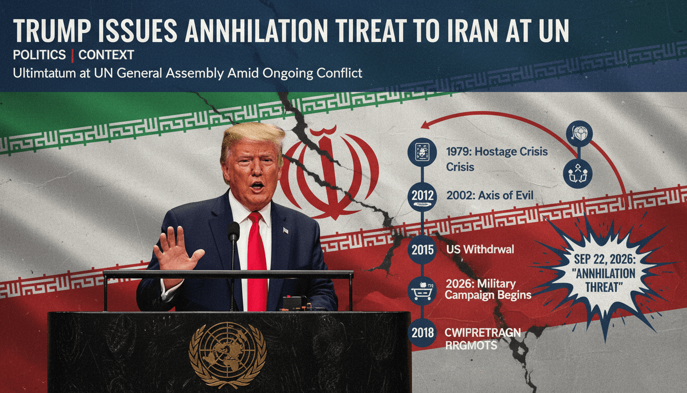 Trump at the UN General Assembly podium with Iranian flag backdrop, highlighting tensions in U.S.-Iran relations.