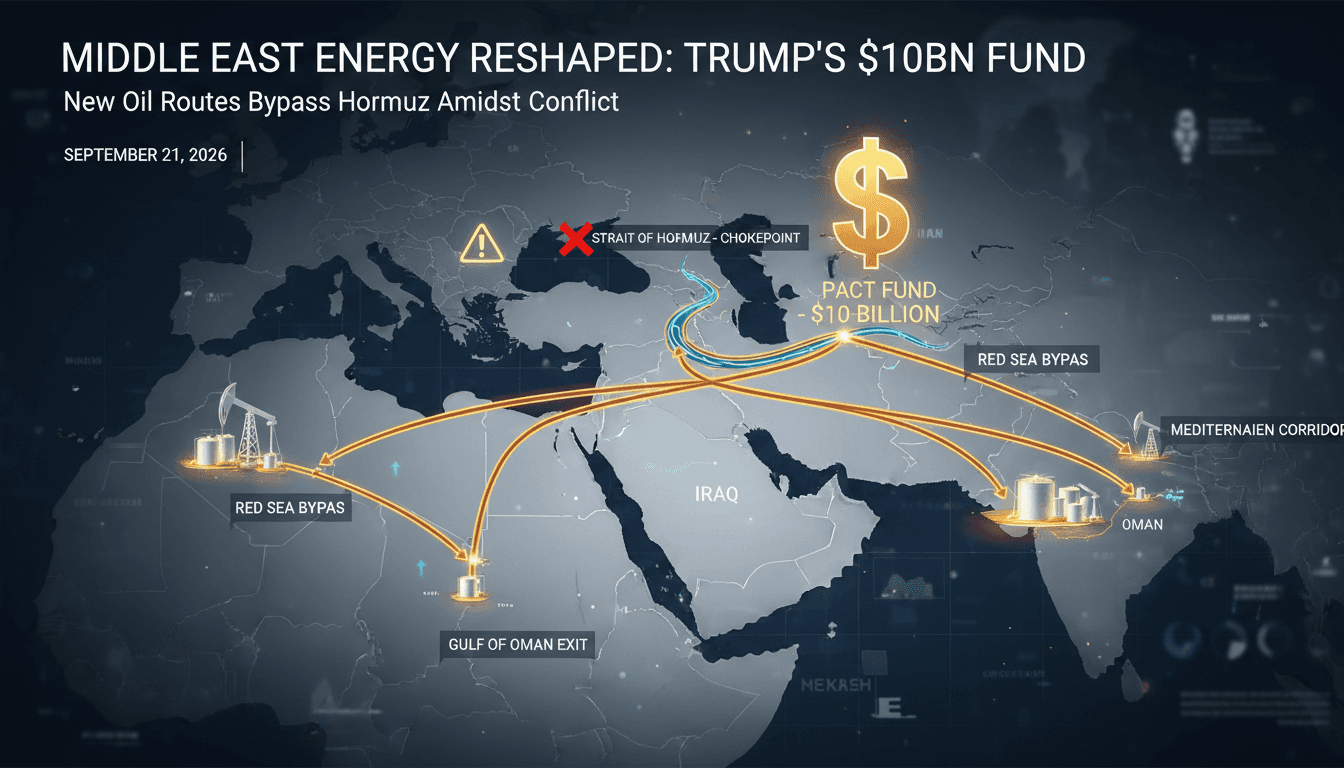 Infographic showing oil flow through the Strait of Hormuz and new bypass routes under the PACT Fund initiative.