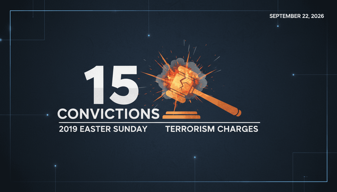 A courtroom scene depicting the conviction of 15 men in the Sri Lanka Easter bombings case.