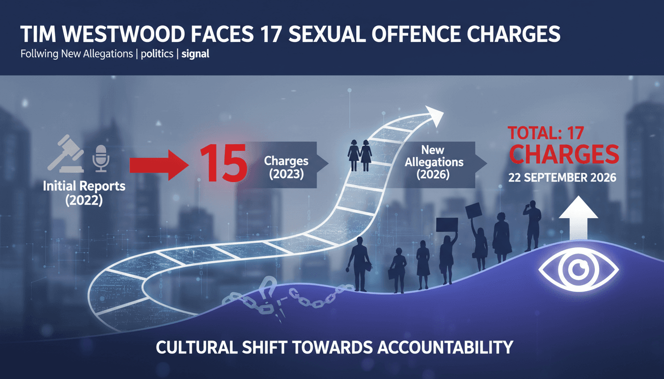 A timeline graphic showing Tim Westwood's legal charges and the cultural shift towards accountability in the entertainment industry.
