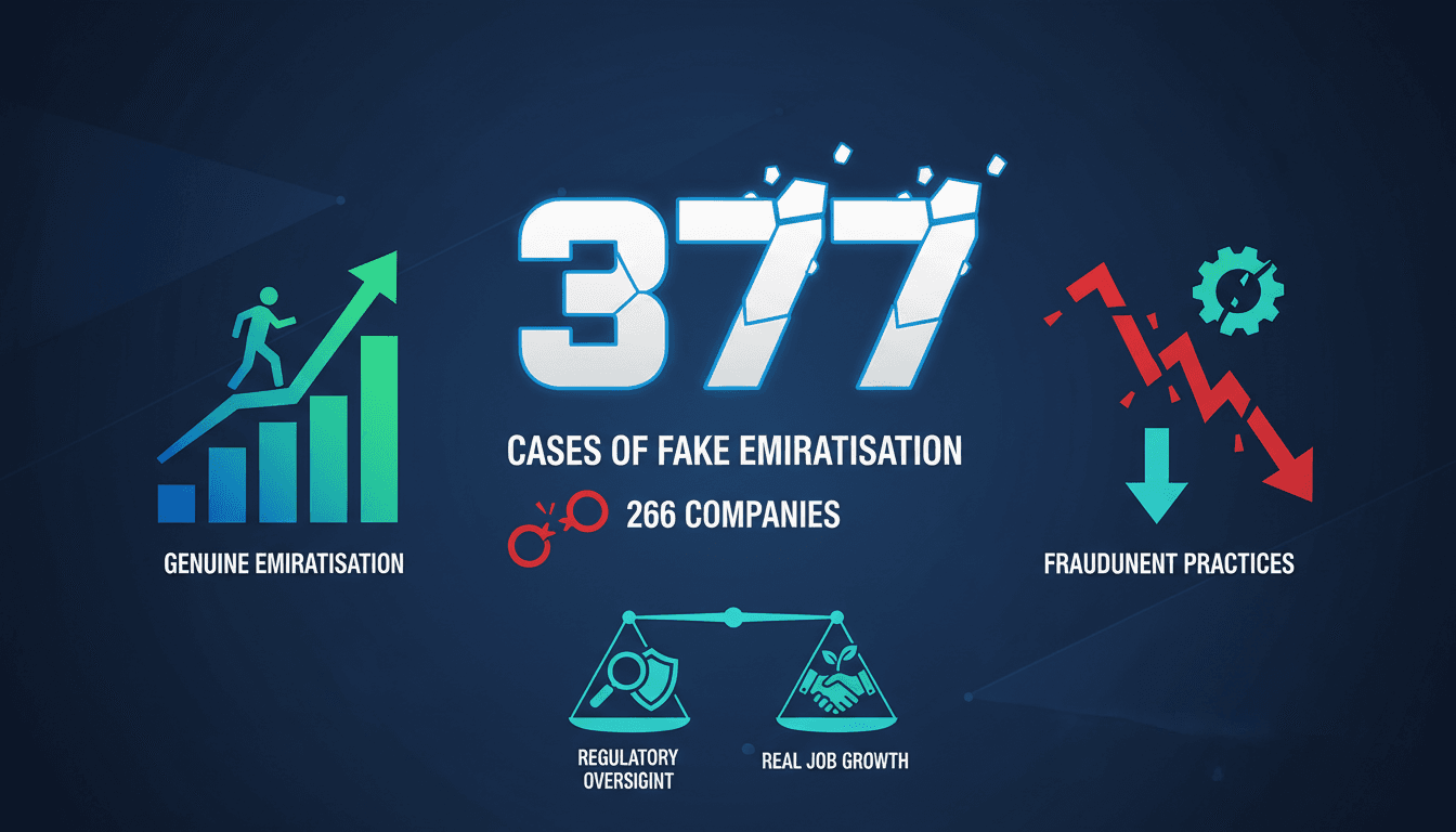 Infographic showing 377 cases of fake Emiratisation detected in UAE's private sector, highlighting regulatory actions by MoHRE.