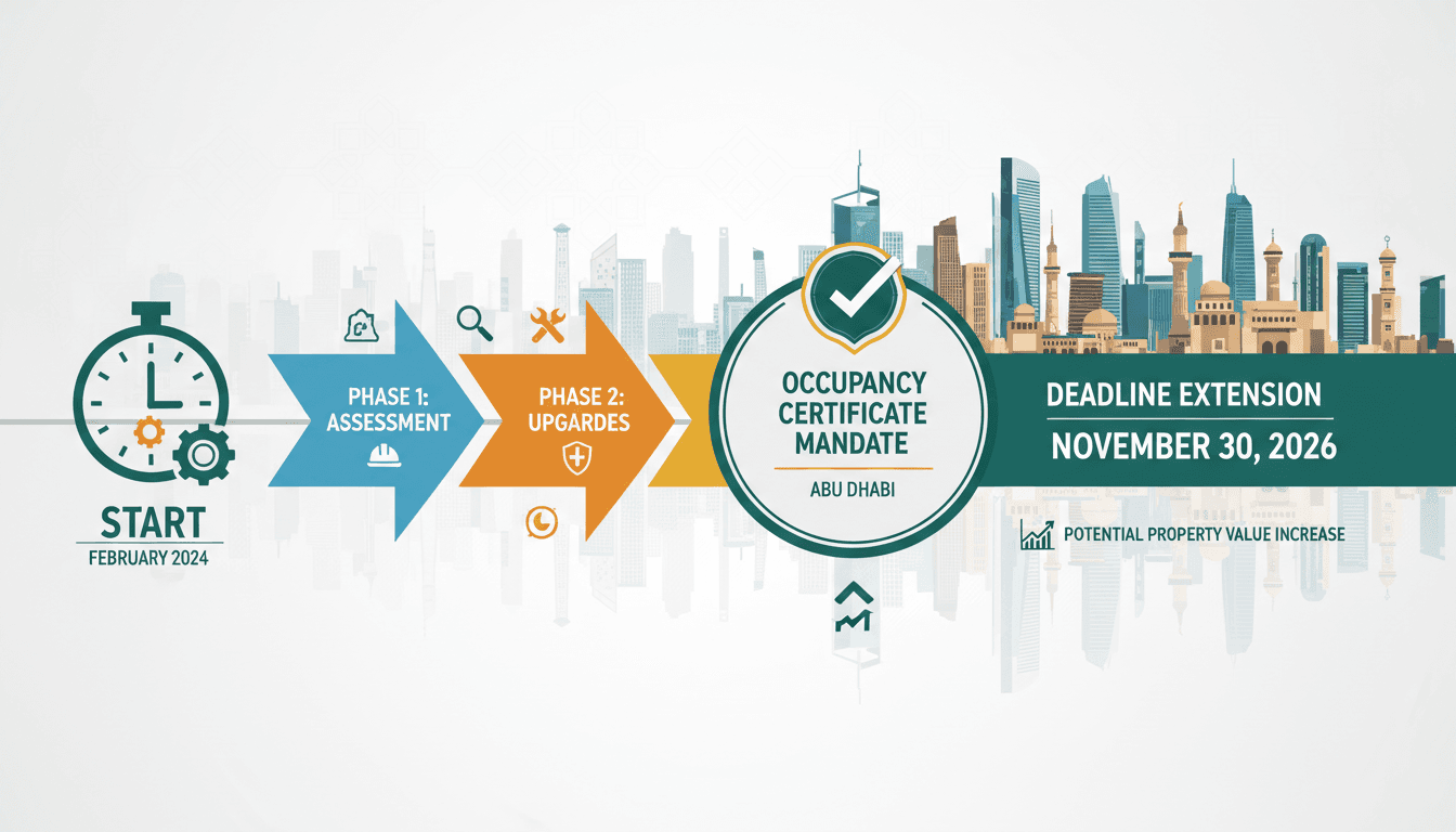 Infographic detailing Abu Dhabi's new occupancy certificate requirements for buildings over 30 years old.