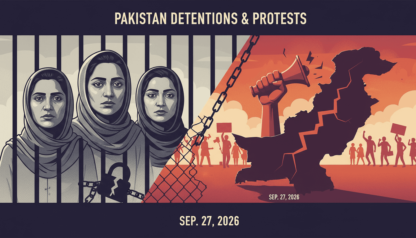 A graphic depicting the political tensions in Pakistan, focusing on the detentions of Imran Khan's sisters and the upcoming protests.
