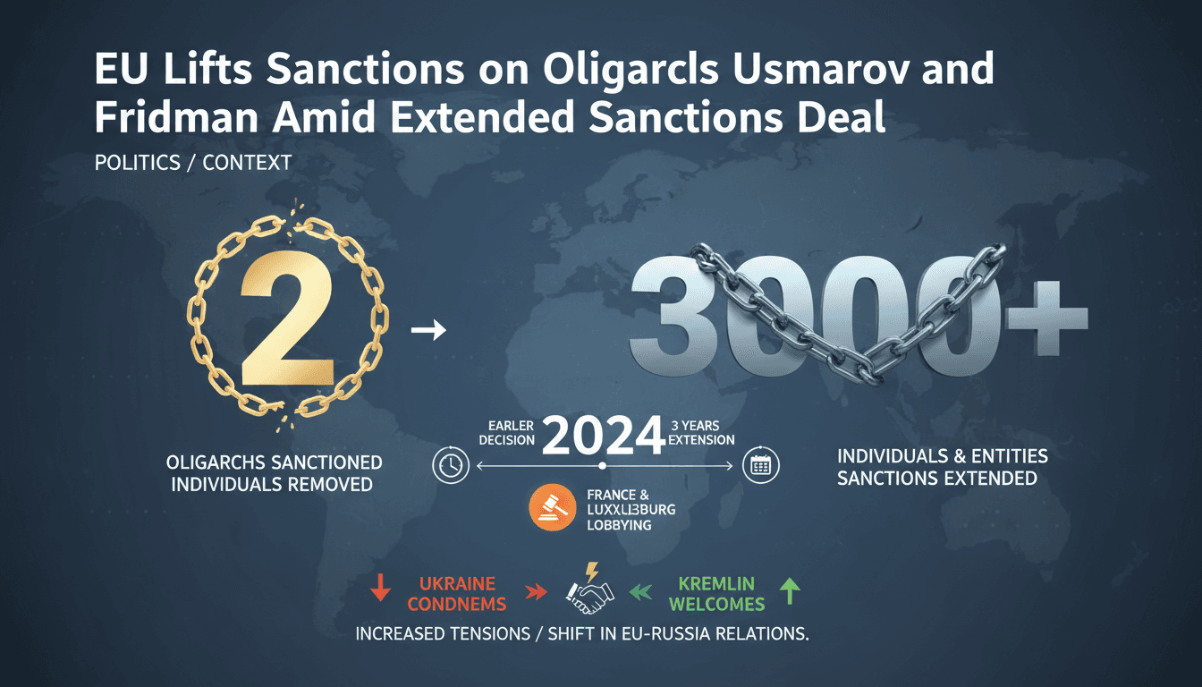 Infographic showing EU sanctions timeline and number of individuals affected, highlighting Usmanov and Fridman.
