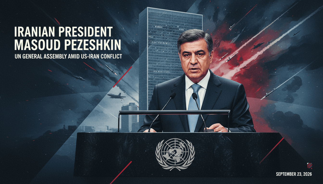 Iranian President Masoud Pezeshkian addressing the UN General Assembly, highlighting the US-Iran conflict.