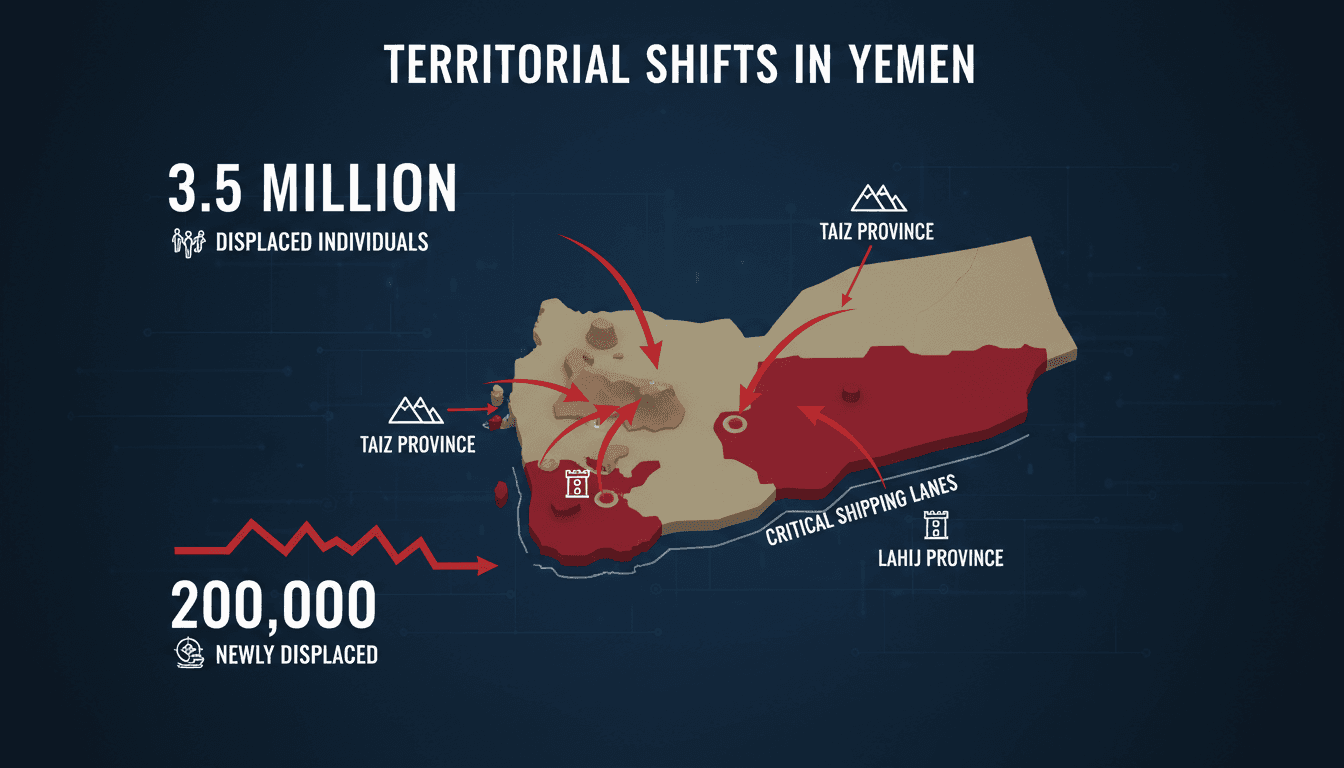 Map showing Houthi advances in Yemen and key shipping routes affected by the conflict.