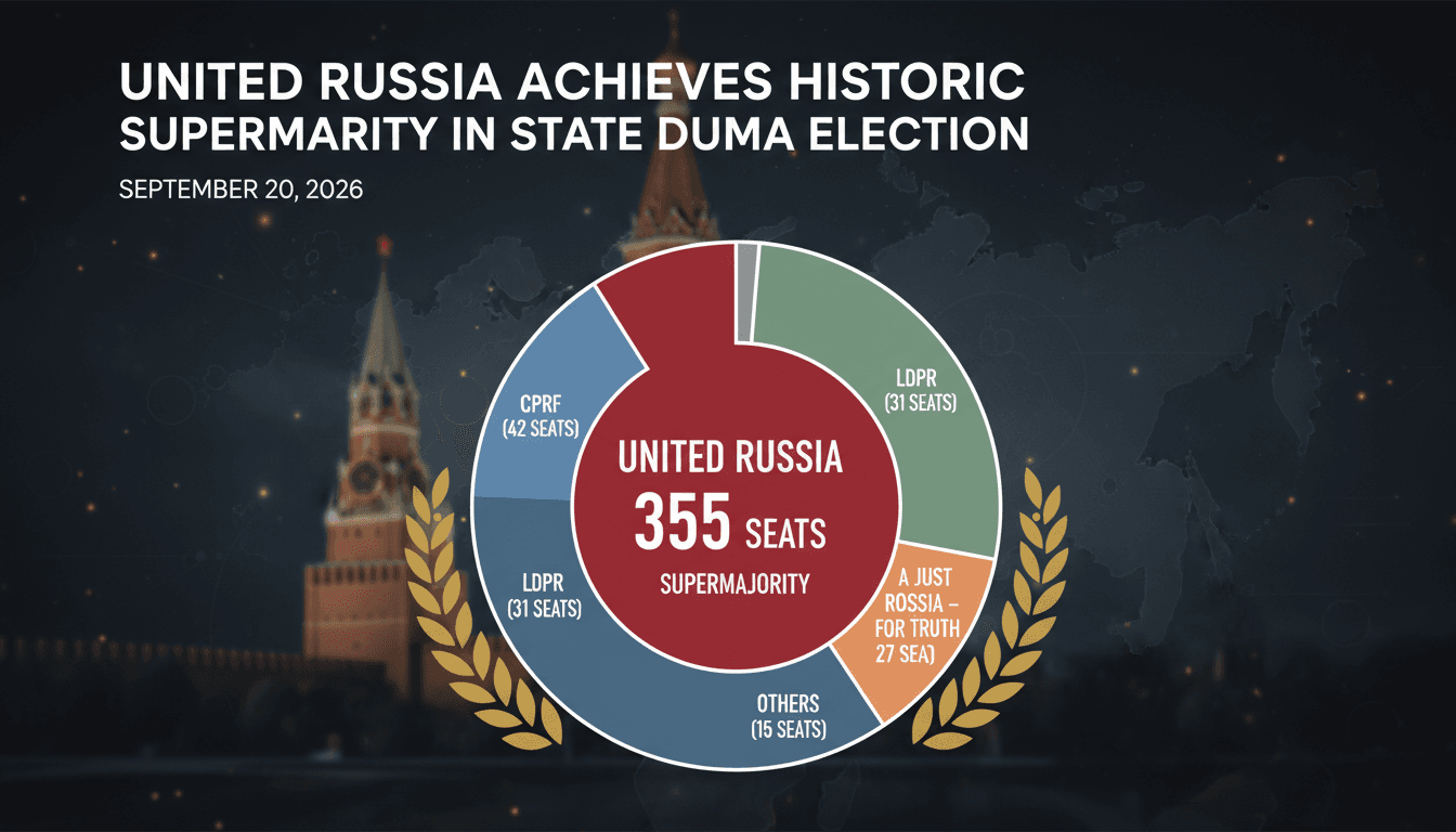 Infographic showing United Russia's supermajority in the 2026 State Duma election, highlighting seat distribution and voter turnout.