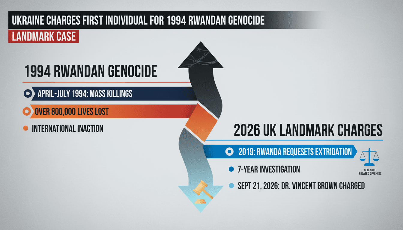 Infographic detailing the timeline of the Rwandan genocide and recent UK charges against Dr. Vincent Brown.