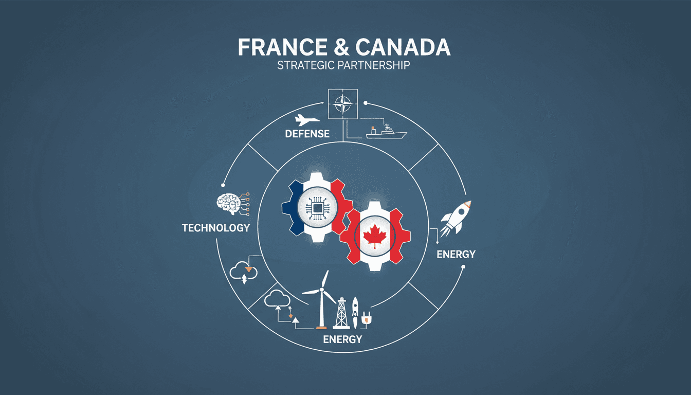 Infographic showing the sectors impacted by the France-Canada defense partnership, including defense, technology, and energy.