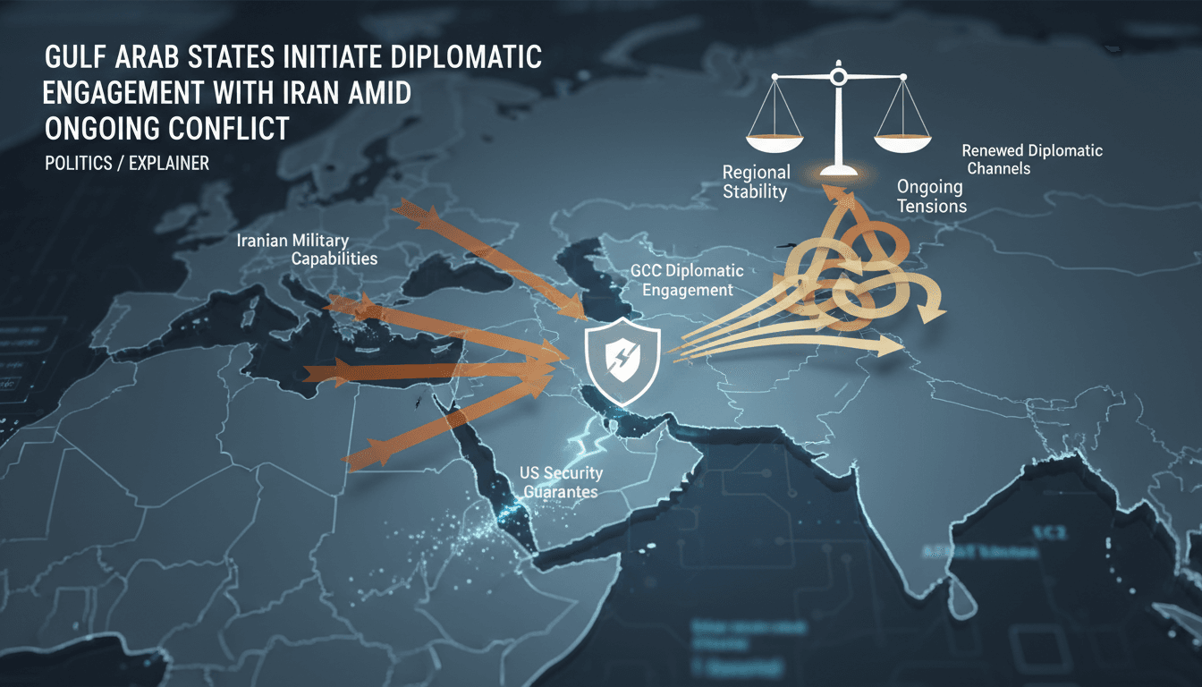Infographic showing Gulf Arab states' diplomatic reset with Iran amid ongoing US-Iran conflict.