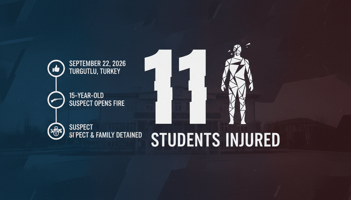 A graphic depicting the Turgutlu school shooting incident, highlighting the number of injured students and the response from authorities.