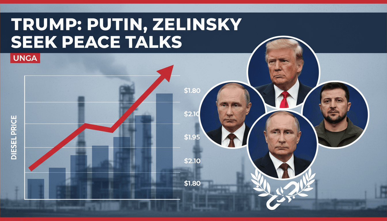 A graphic depicting Trump, Putin, and Zelensky with rising diesel prices in the background.