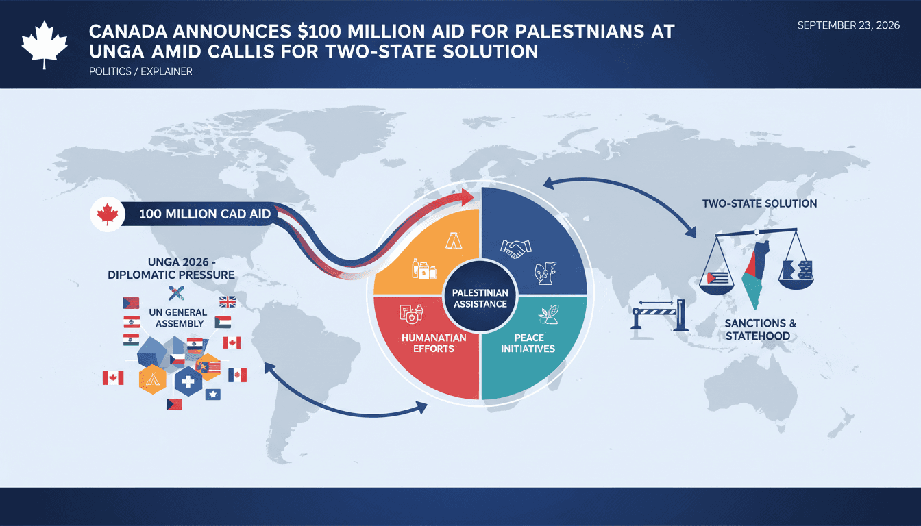 Infographic showing Canada's $100 million aid pledge for Palestinians and its impact on humanitarian efforts and peace initiatives.