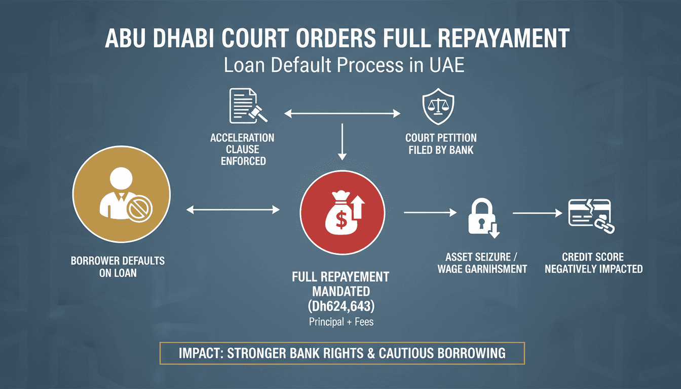Infographic showing the loan default process in the UAE, highlighting legal steps and consequences for borrowers.
