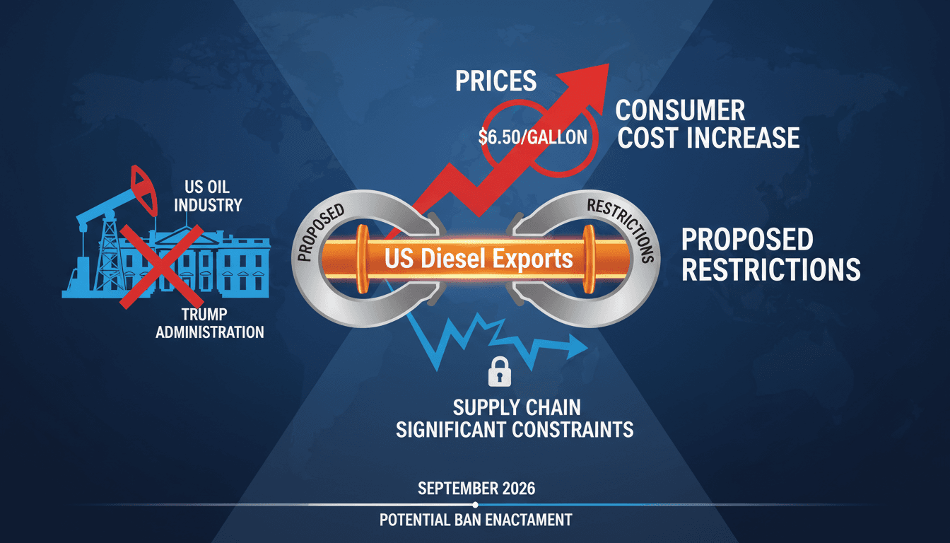 Infographic illustrating the US oil industry's opposition to diesel export restrictions and its impact on prices.