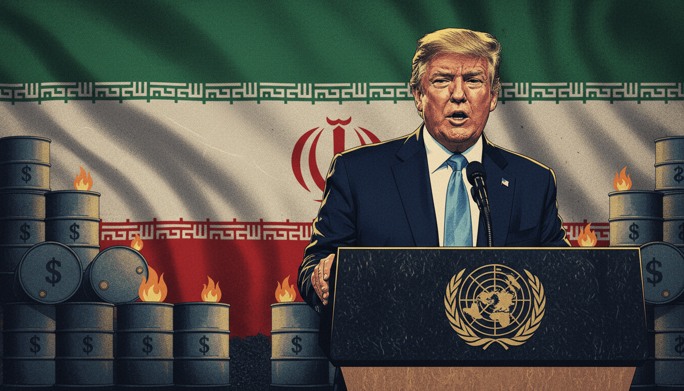 President Trump addressing the UN, with Iranian flag and oil barrels in the background.
