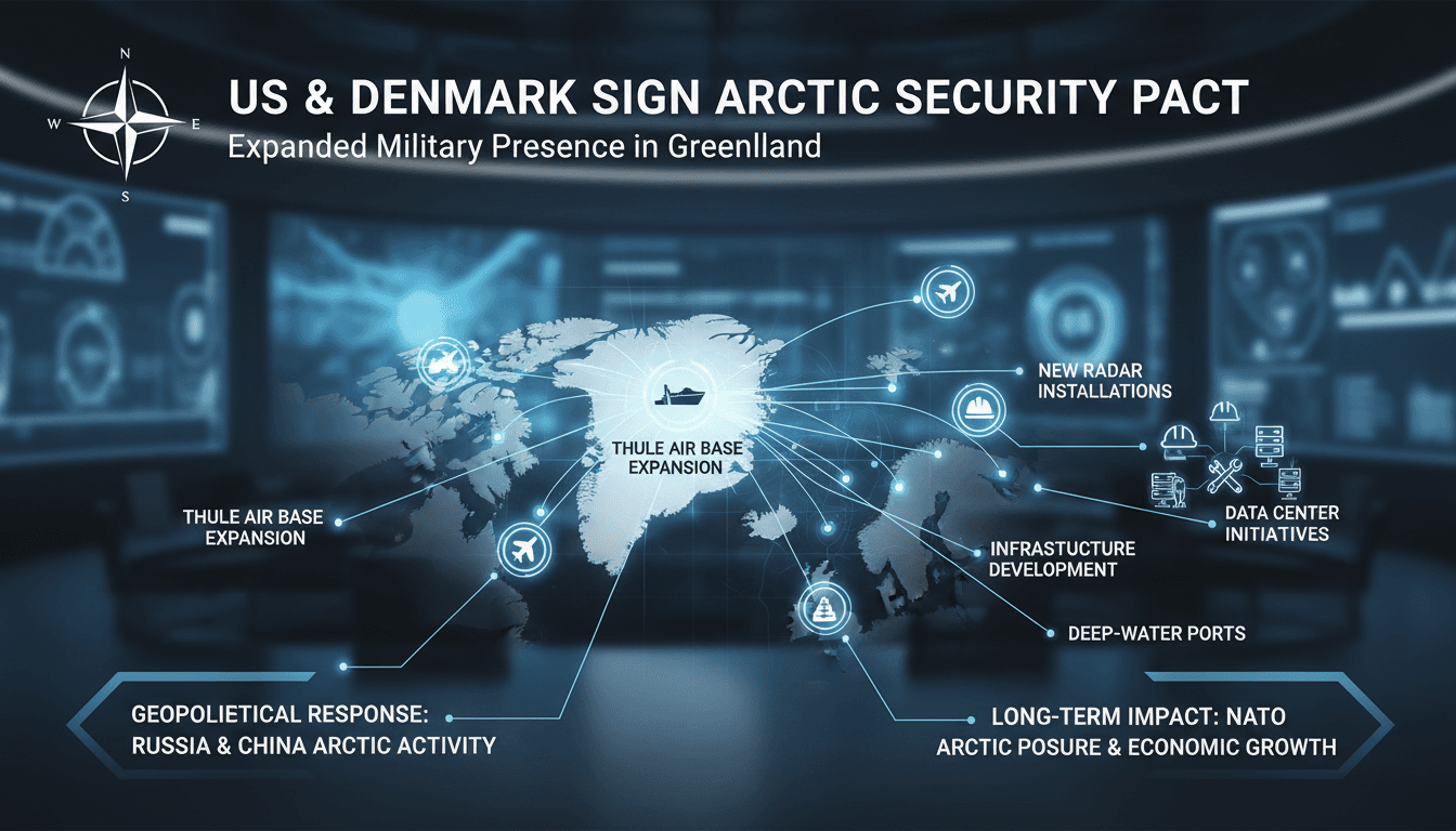 Infographic showing military sites and infrastructure projects in Greenland related to the US-Greenland-Denmark security agreement.