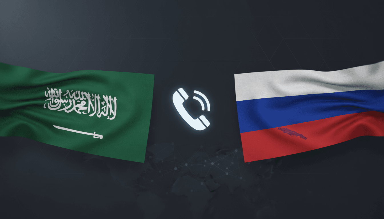 Flags of Saudi Arabia and Russia with a telephone symbol, representing diplomatic communication.