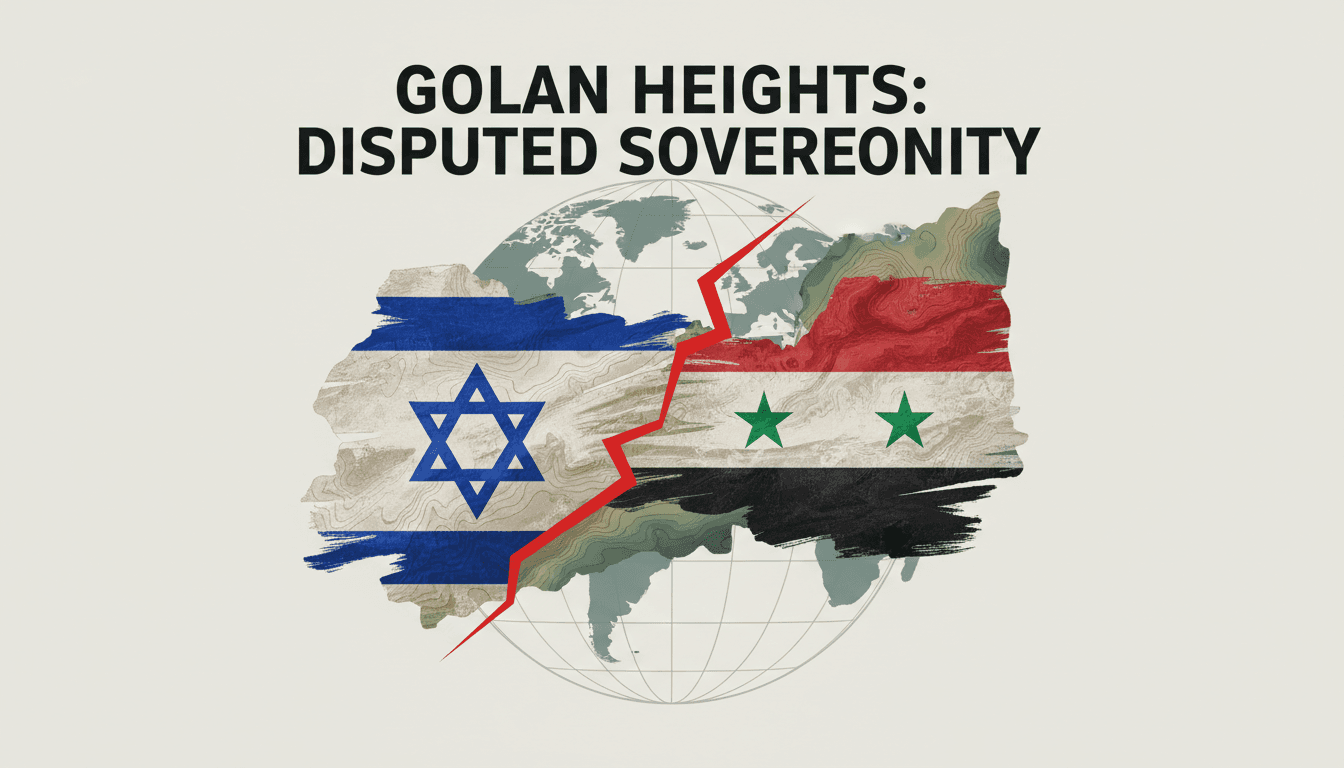 A graphic depicting the Golan Heights with Syrian and Israeli flags, highlighting the territorial dispute.