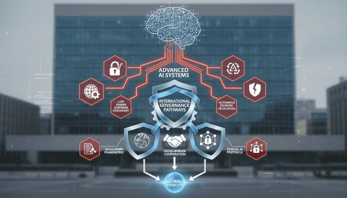Infographic showing AI risks and international governance pathways.