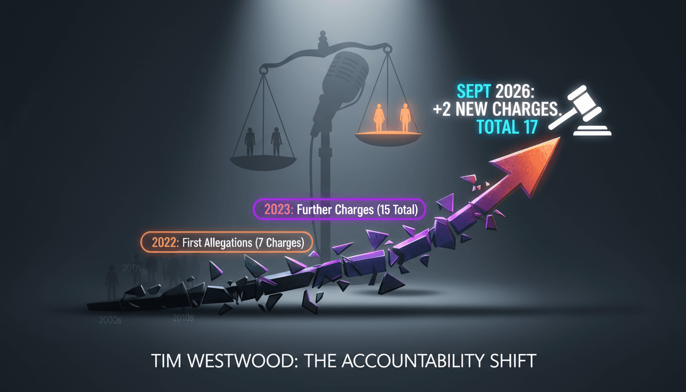 A timeline graphic showing the charges against Tim Westwood, emphasizing the cultural shift towards accountability in celebrity culture.