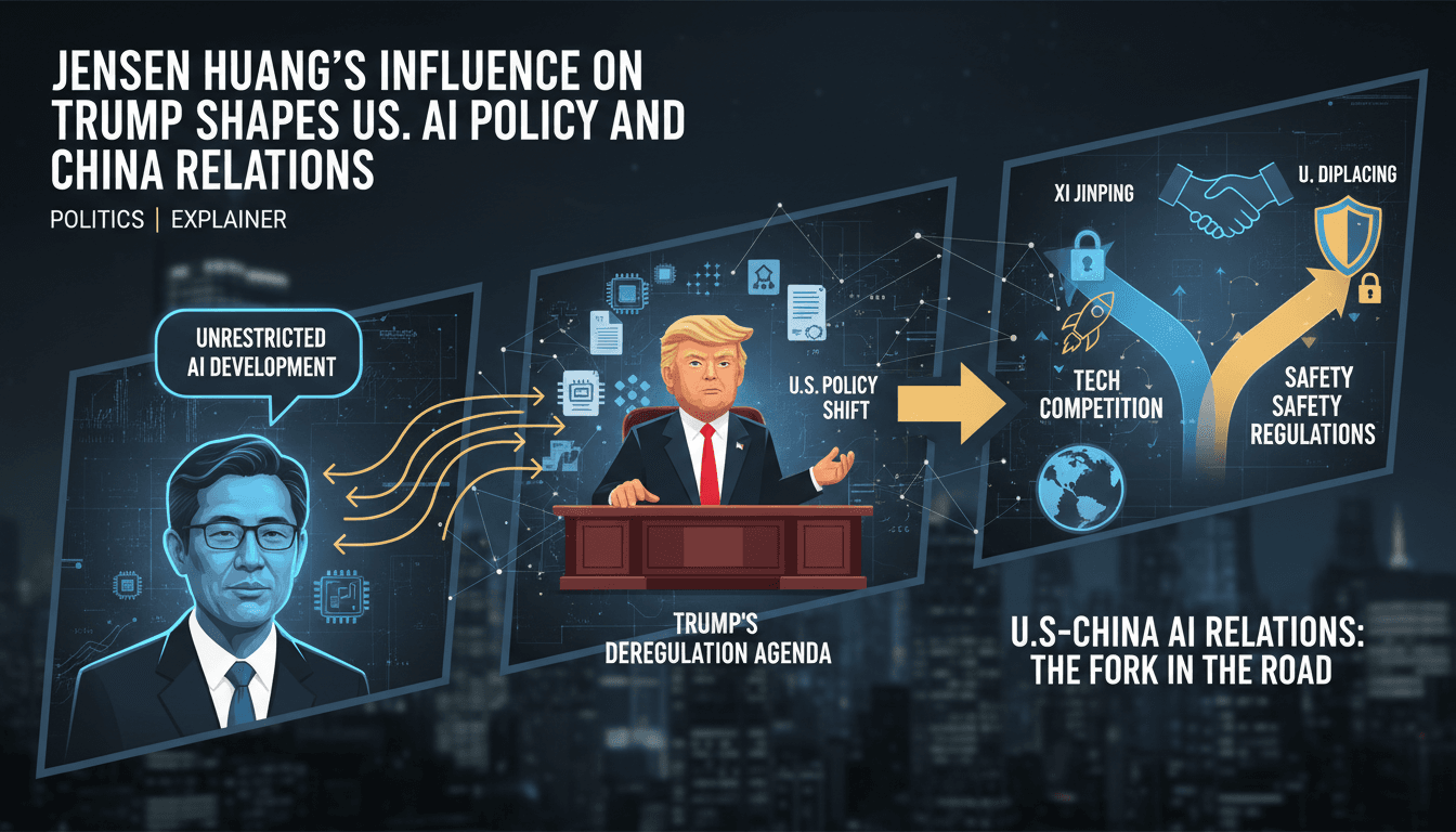 Jensen Huang and Donald Trump discussing AI policy, highlighting the influence of tech leaders on government regulations.