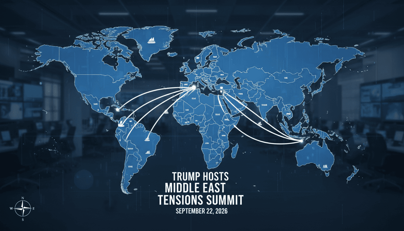 Infographic of Trump meeting with foreign ministers discussing Middle East tensions and maritime security.