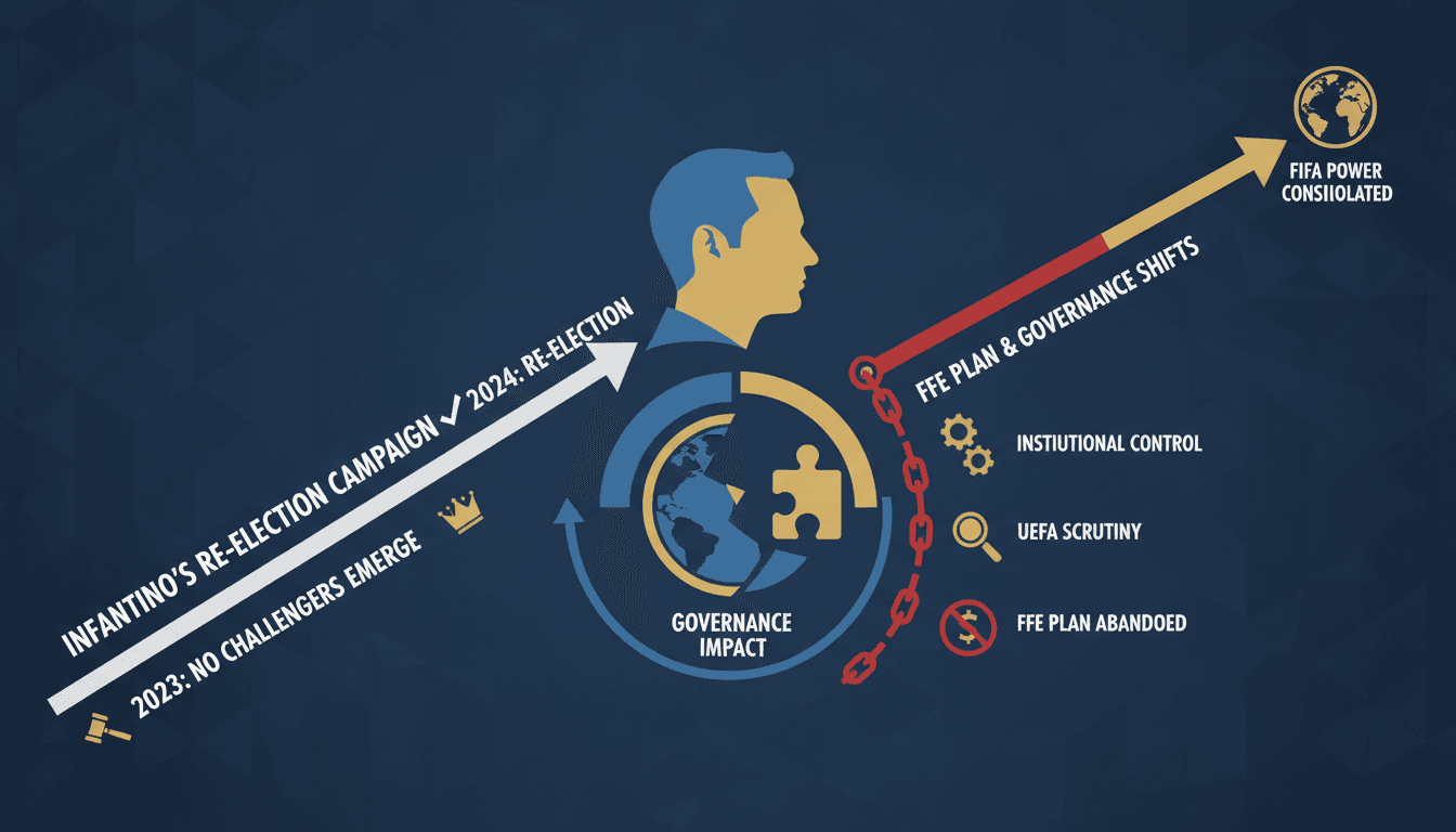Infographic showing Gianni Infantino's re-election campaign timeline and FIFA governance implications.