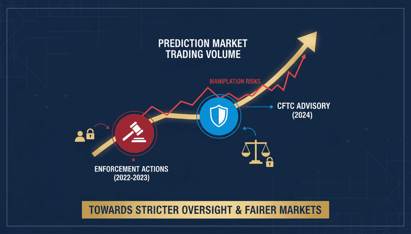 Infographic showing CFTC's advisory on prediction market manipulation risks and its impact on trading strategies.