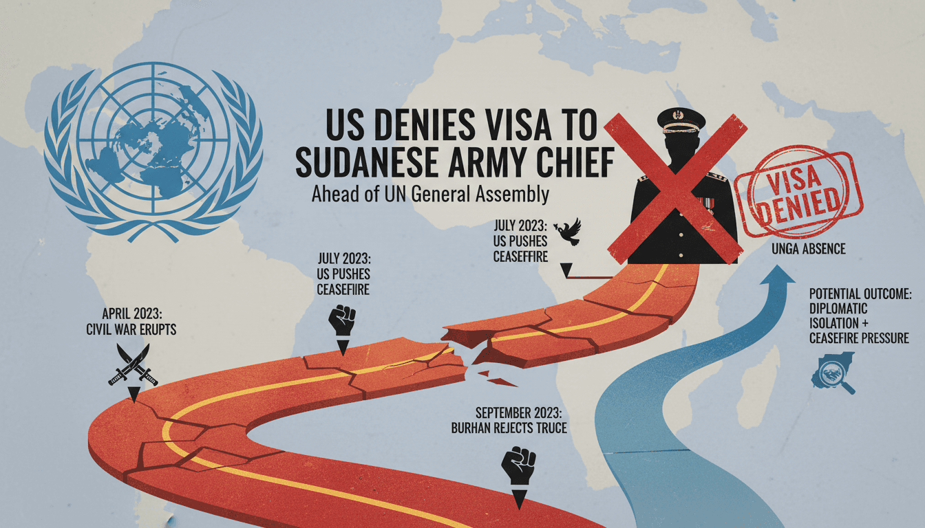 A visual representation of the US withholding a visa for Sudan's army chief amid ongoing civil war and UN discussions.