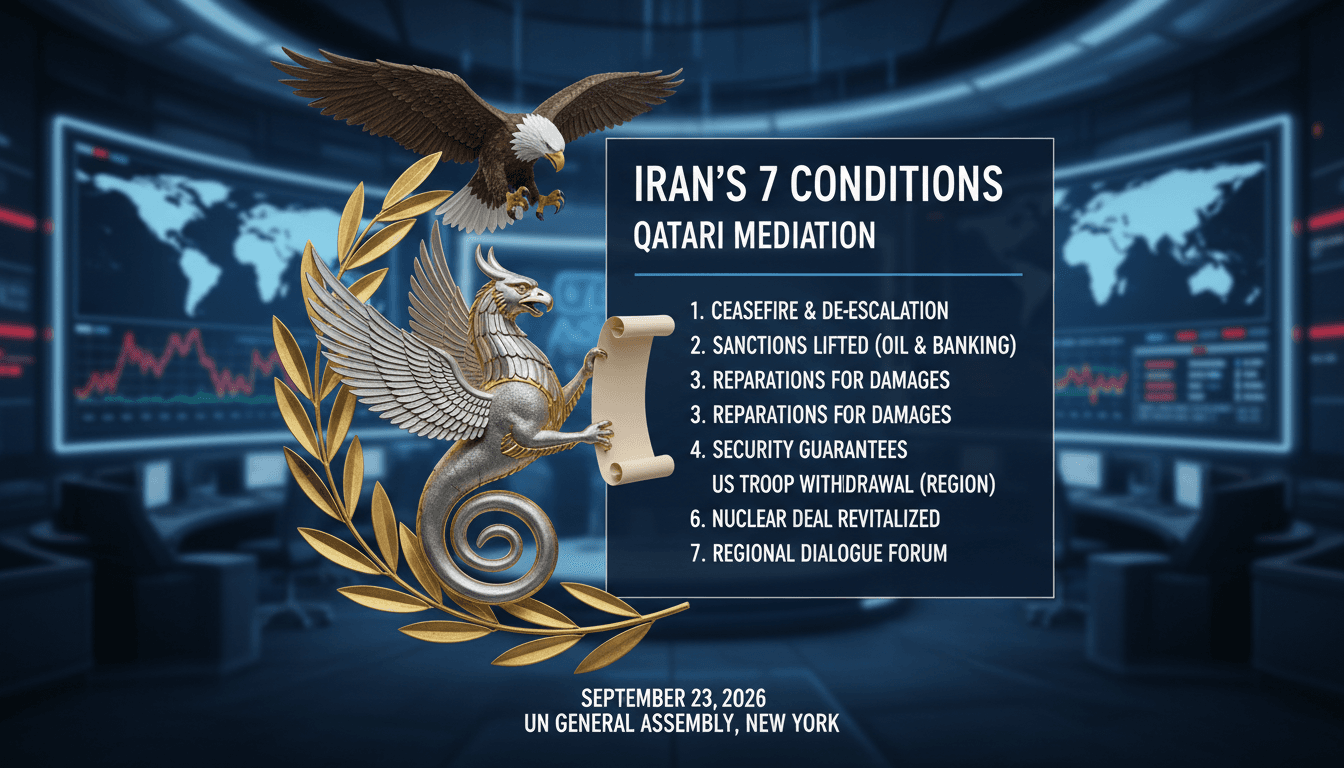 Infographic detailing Iran's seven conditions for conflict resolution with the US, highlighting diplomatic mediation efforts.