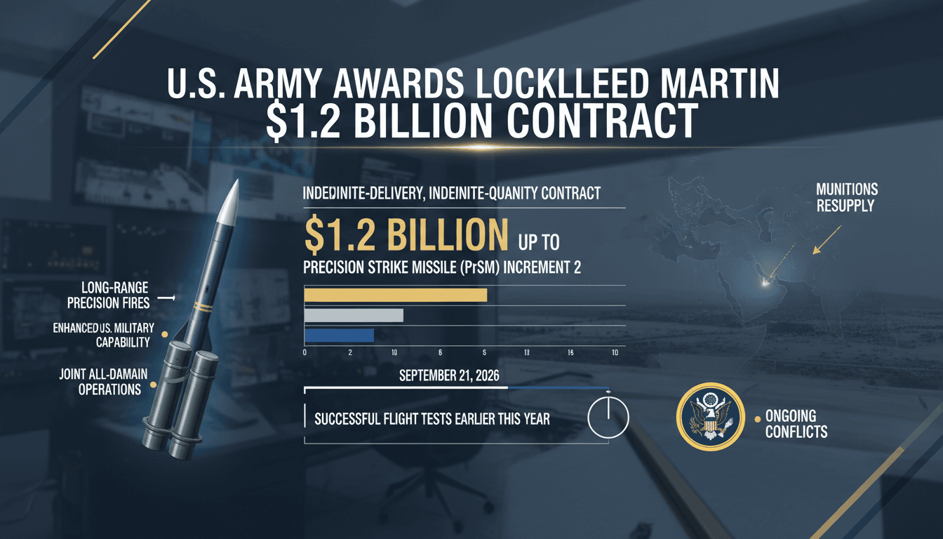 Infographic detailing the $1.2 billion U.S. Army contract for Lockheed Martin's Precision Strike Missile Increment 2.