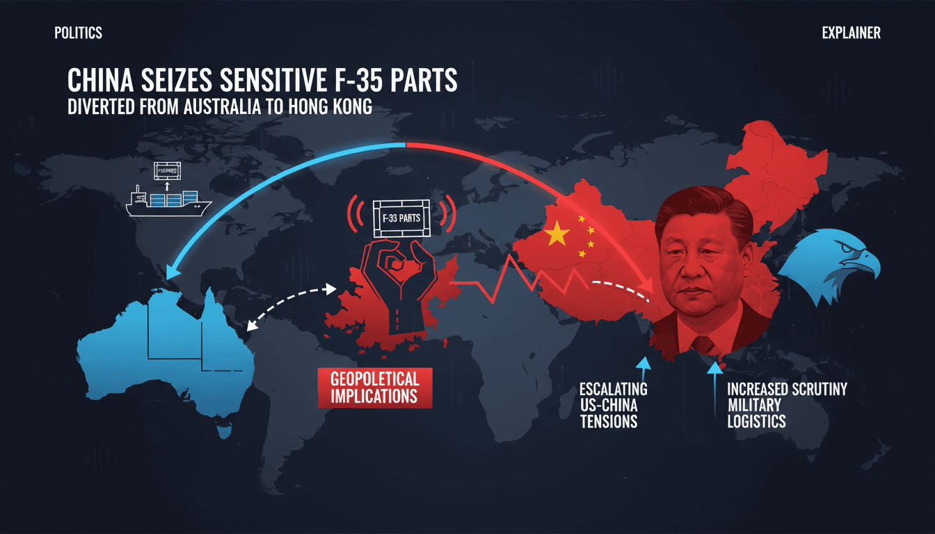 Infographic showing the logistics route of F-35 parts and implications of their seizure by China.
