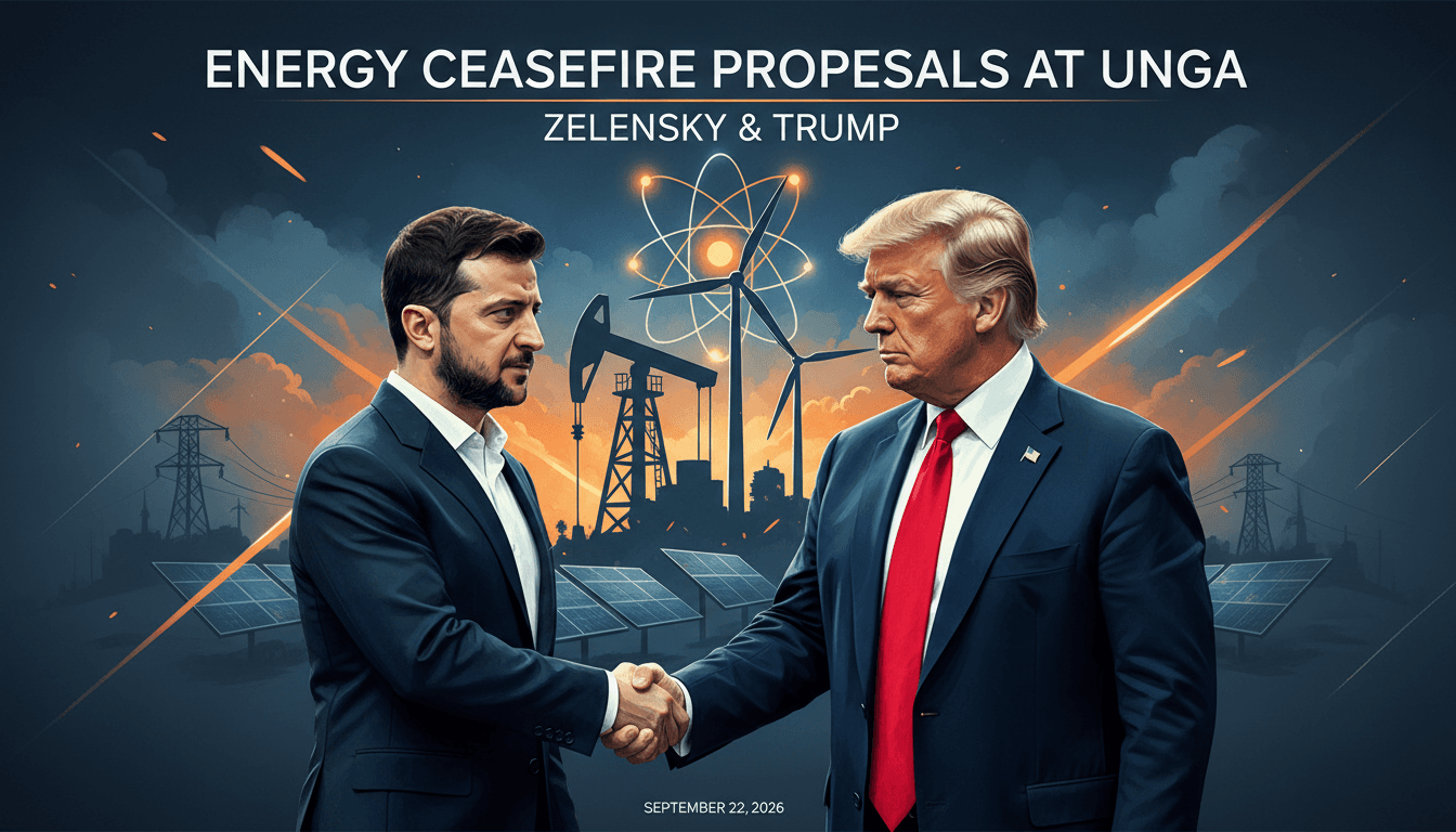 Zelensky and Trump discussing energy ceasefire proposals during UNGA, impacting global energy markets.