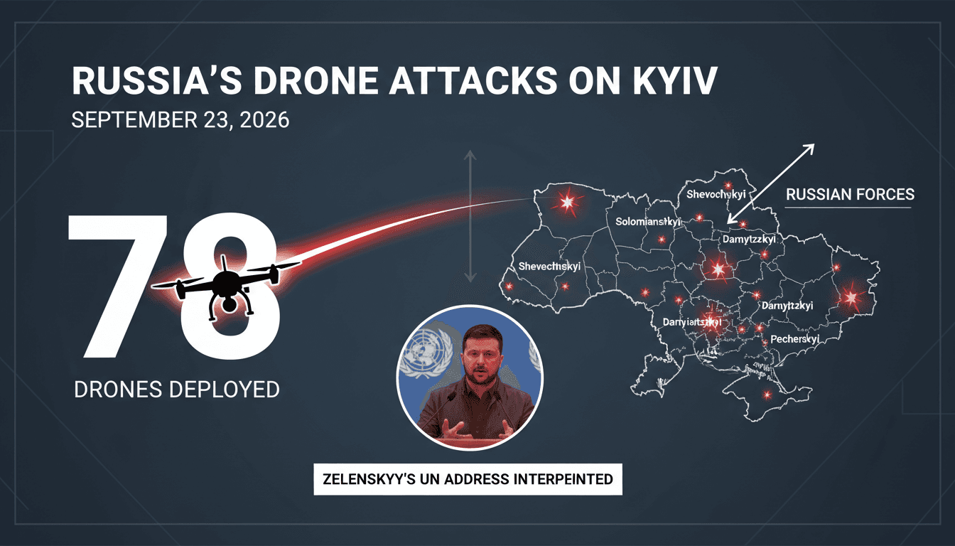 A map of Kyiv showing drone strike locations with statistics on the number of drones used in the conflict.