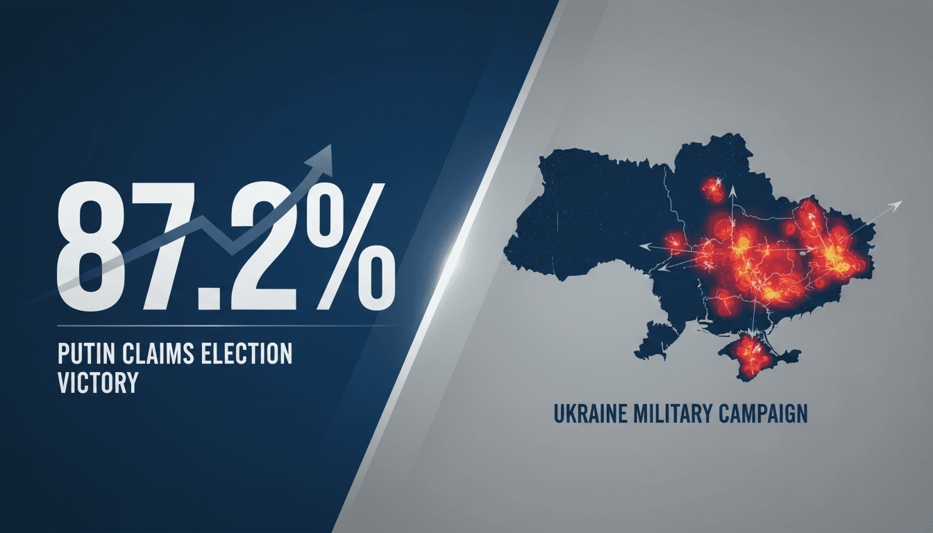 Putin's electoral victory percentage displayed with a map of Ukraine and military operations highlighted.