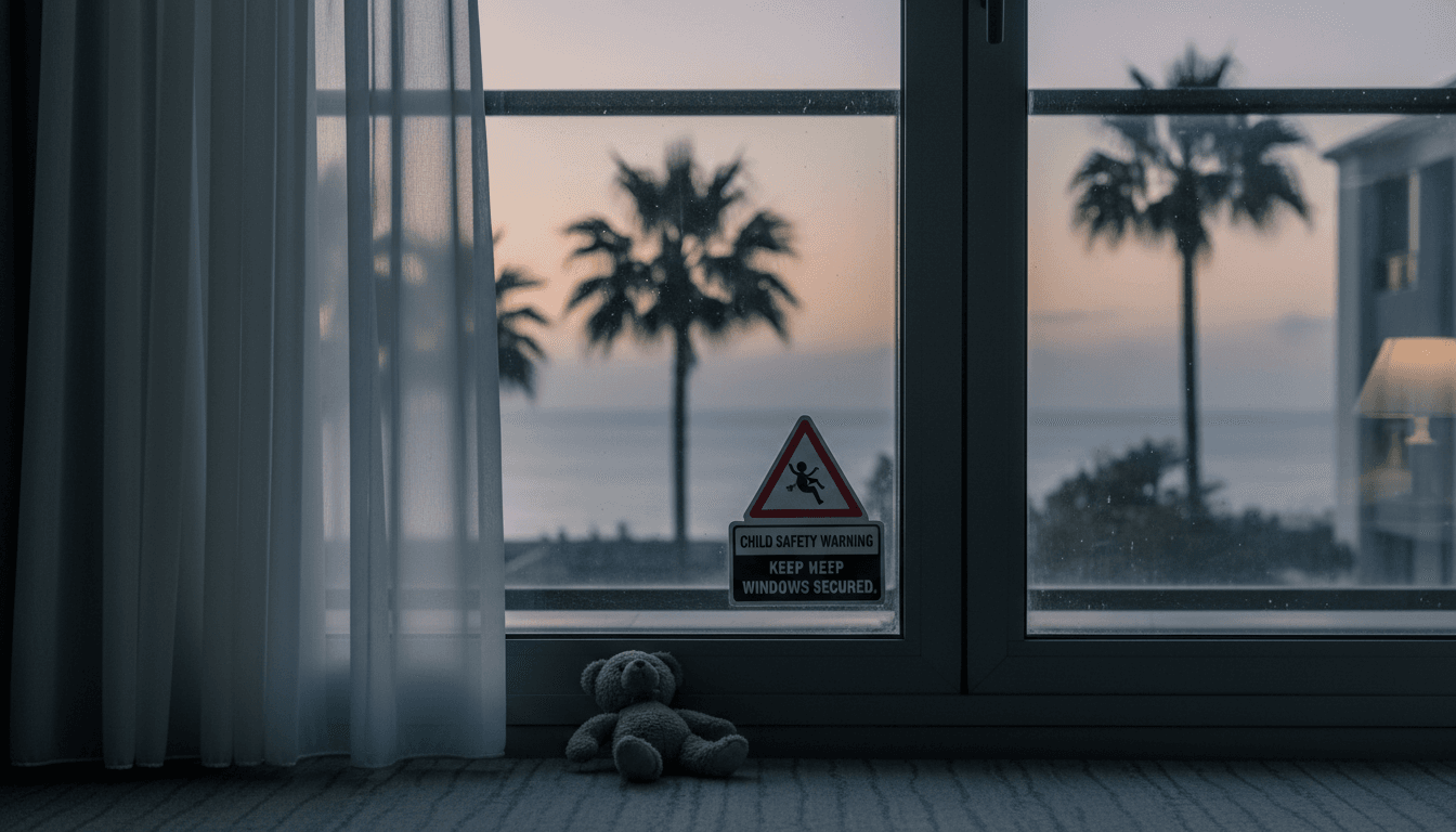 A hotel window with a safety warning sign, emphasizing child safety concerns.