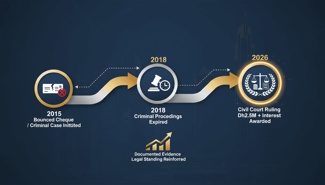 A graphic illustrating the timeline of a bounced cheque case in Dubai from 2015 to 2026.