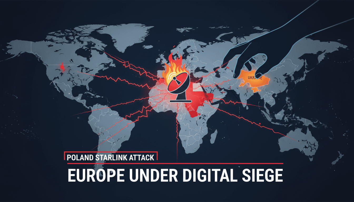 A map showing the location of the Starlink ground station fire in Poland and its significance in the context of Russian hybrid threats.