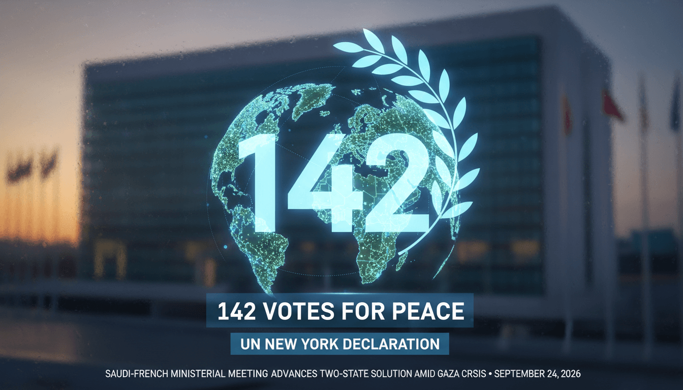 Infographic showing the 142 votes in favor of the New York Declaration, highlighting international support for the two-state solution.