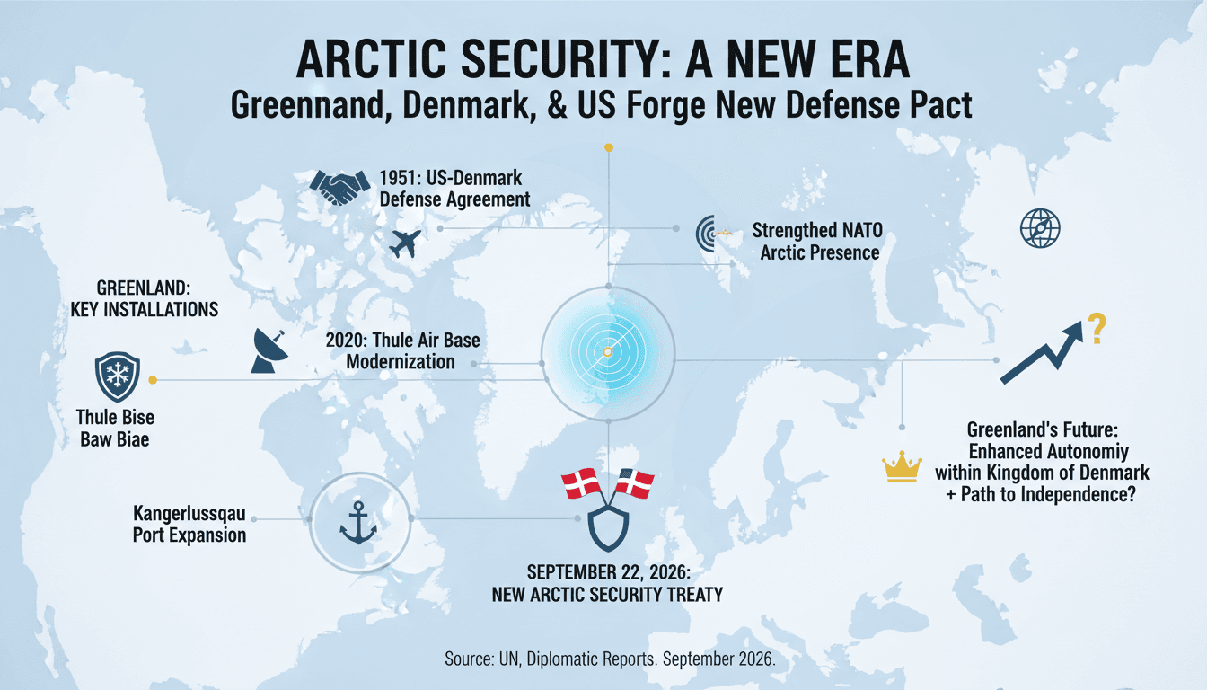 A map highlighting Greenland and Denmark with military bases and key agreements in Arctic security.