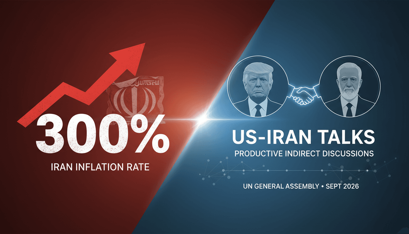 Infographic showing Trump's announcement of productive US-Iran talks and Iran's 300% inflation rate.