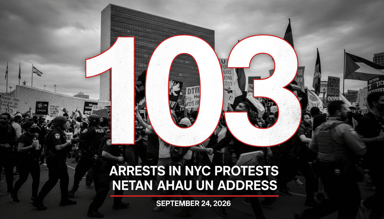 Protesters outside the UN headquarters in NYC during Netanyahu's address, highlighting public dissent and arrests.