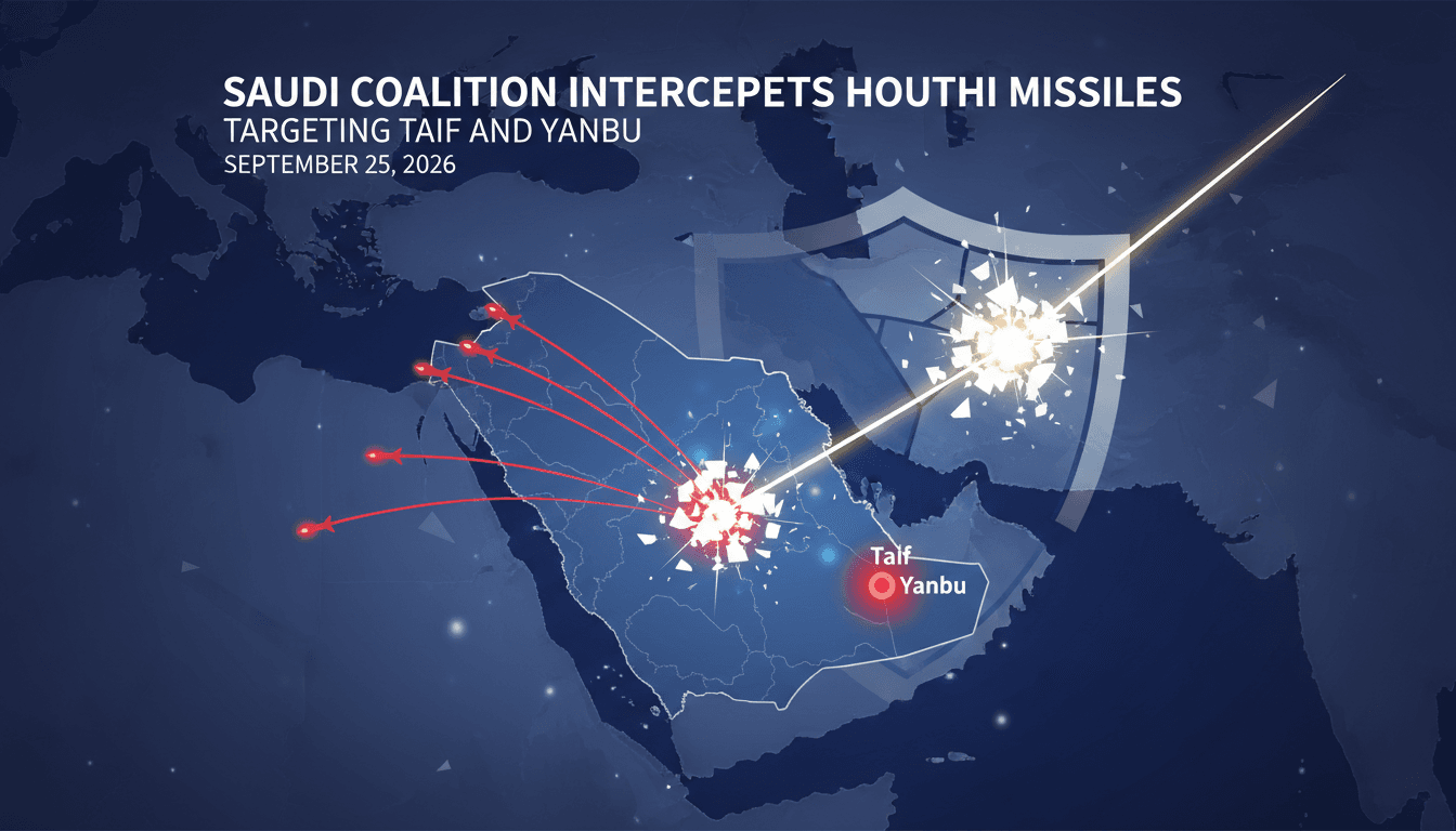 Graphic depicting the interception of Houthi missiles targeting Taif and Yanbu, highlighting regional security concerns.
