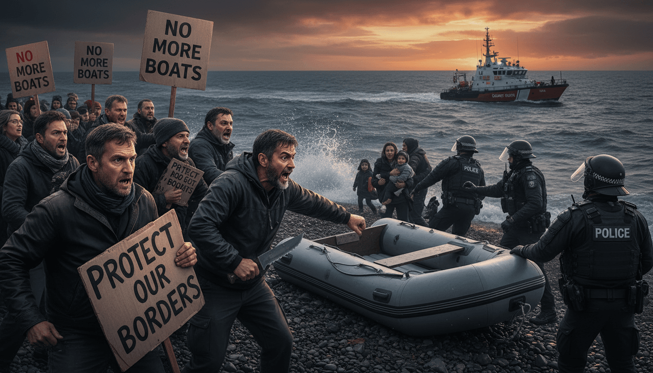 Protest scene depicting anti-migrant activists clashing with law enforcement, highlighting rising tensions.