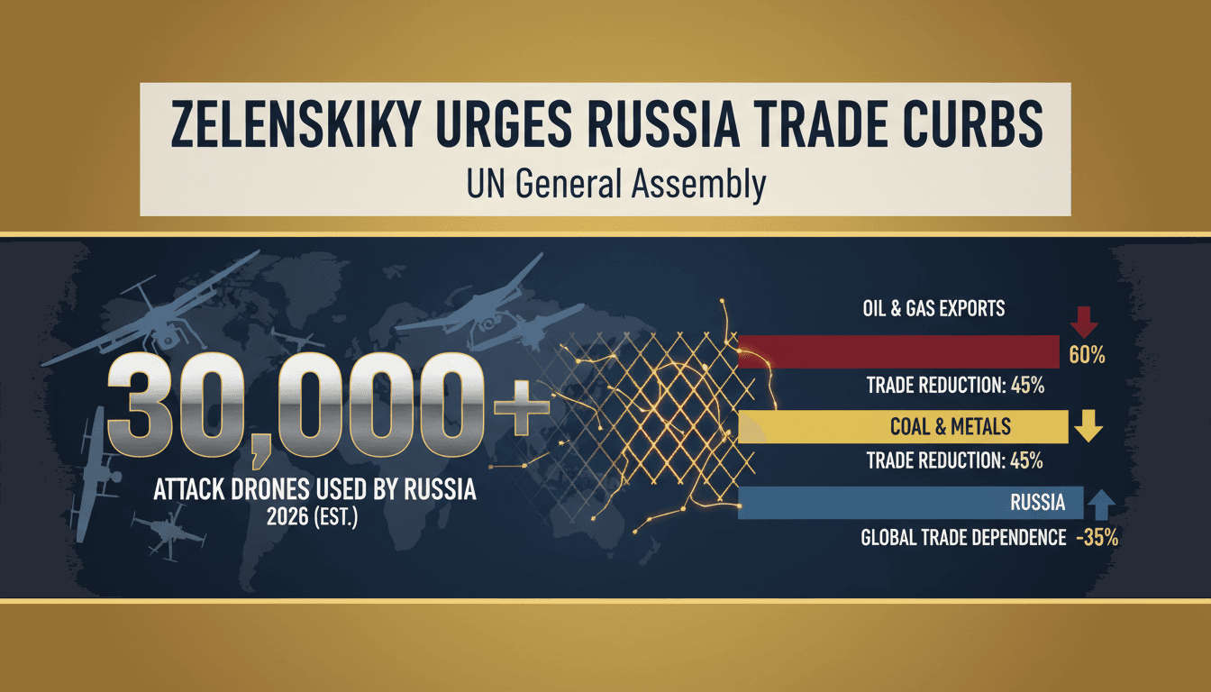 Ukrainian President Zelenskyy addressing the UN General Assembly, calling for trade restrictions on Russia to target war revenues.